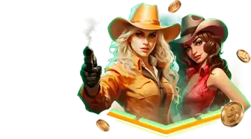 Image of two female cowboys with gold coins, symbolizing the Cowboy Caches Tournament at Drip Internet Casino.