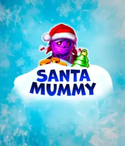  Discover the quirky "Santa Mummy" slot game by Belatra, highlighting a Santa-clad mummy dressed in festive holiday attire. This colorful image presents the mummy with a vivid purple hue, wearing a Santa hat, amid snowy blue and frosty snowflakes. The game's title, "Santa Mummy," is prominently displayed in large, frost-like blue letters.